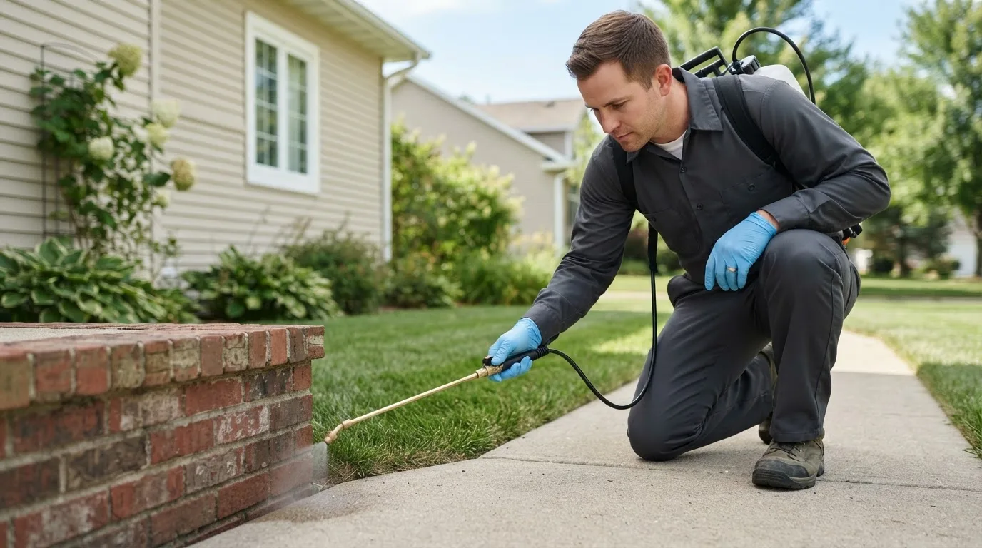 Pest control technician treating a home near Cedar Rapids, IA