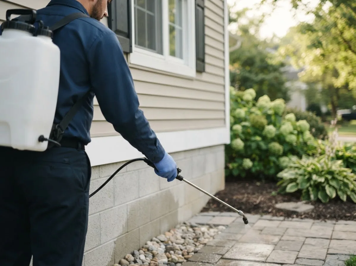 Pest control technician inspecting a home in Cedar Rapids, IA